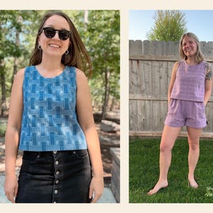 May include: Two women wearing sleeveless tops and shorts. One top is blue with a geometric pattern, paired with a black skirt. The other is lavender with matching shorts. The text "Thatssewavery View C size" and "Shelbysews View A, size B" are visible.