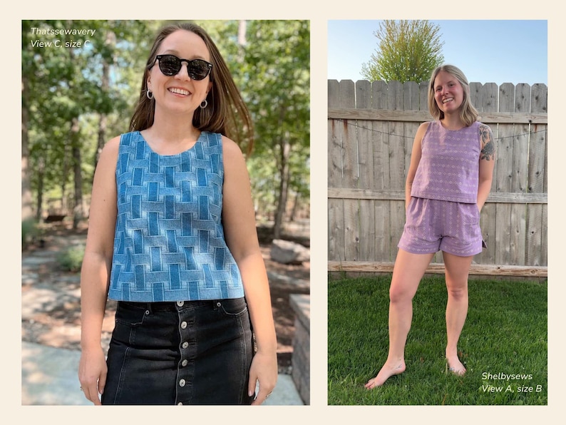 May include: Two women wearing sleeveless tops and shorts. One top is blue with a geometric pattern, paired with a black skirt. The other is lavender with matching shorts. The text "Thatssewavery View C size" and "Shelbysews View A, size B" are visible.
