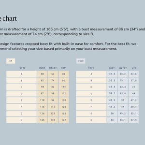May include: Size chart with measurements in inches and centimeters. The chart includes bust, waist, and hip measurements for sizes A through H. The text states the pattern is drafted for a height of 5'5" with a 34" bust and 29" waist.