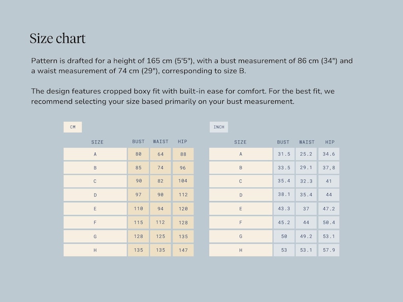 May include: Size chart with measurements in inches and centimeters. The chart includes bust, waist, and hip measurements for sizes A through H. The text states the pattern is drafted for a height of 5'5" with a 34" bust and 29" waist.