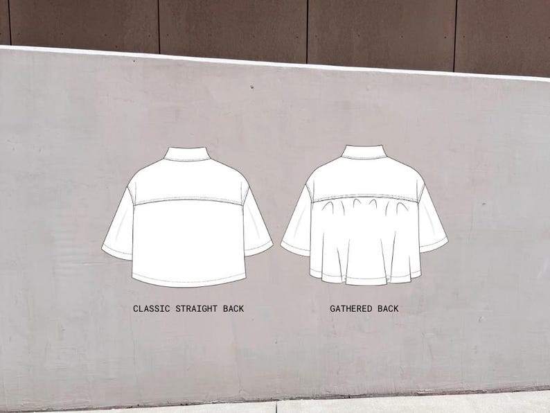 May include: Two white, short-sleeved tops with a high collar are shown against a grey background. One top has a classic straight back, and the other has a gathered back. Text at the bottom reads "CLASSIC STRAIGHT BACK" and "GATHERED BACK."