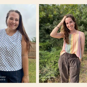May include: Two sleeveless tops are shown. One is a blue and white checkered pattern, and the other is a rainbow striped pattern. The text "Hem.and.roller View A, size G" and "SewingWithDaisy View A, size A" are visible.