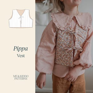May include: A sleeveless vest featuring a floral pattern in shades of orange, yellow, and green, with two front tie closures. The text Pippa Vest and ME & KIDDO PATTERNS appears on the left side alongside a technical line drawing of the garment.
