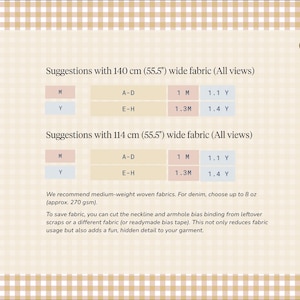 May include: A beige and white checkered background with text providing fabric suggestions for garment making. The text includes measurements in centimeters and inches, along with fabric recommendations and tips for saving fabric.