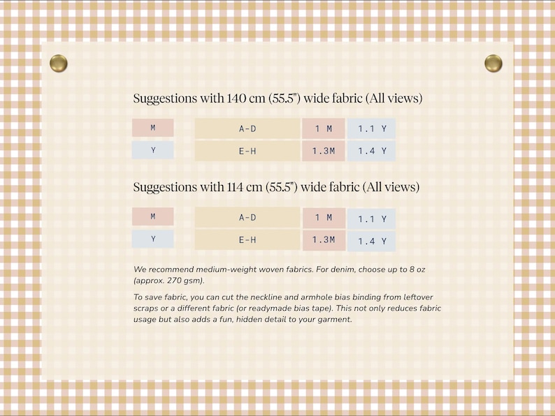 May include: A beige and white checkered background with text providing fabric suggestions for garment making. The text includes measurements in centimeters and inches, along with fabric recommendations and tips for saving fabric.