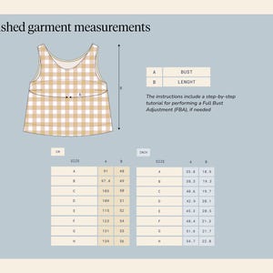 May include: A diagram showing finished garment measurements for a top. The top is a tan and white gingham pattern. Measurements are provided in inches and centimeters, including bust and length. Text includes instructions for a Full Bust Adjustment (FBA).