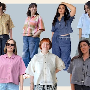 May include: A collection of women's short-sleeved button-down shirts in diverse colours and patterns. The shirts include a yellow floral print, pink, white, denim, and grey. Each shirt features a chest pocket.