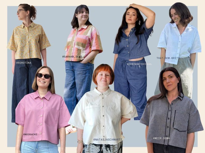 May include: A collection of women's short-sleeved button-down shirts in diverse colours and patterns. The shirts include a yellow floral print, pink, white, denim, and grey. Each shirt features a chest pocket.