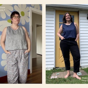 May include: Two women modeling different outfits. One wears a gray sleeveless top and leopard print pants. The other wears a navy blue sleeveless top and black pants. The text "and.ash.made View A, size F" and "thegoodthimble View C, size E" are visible.