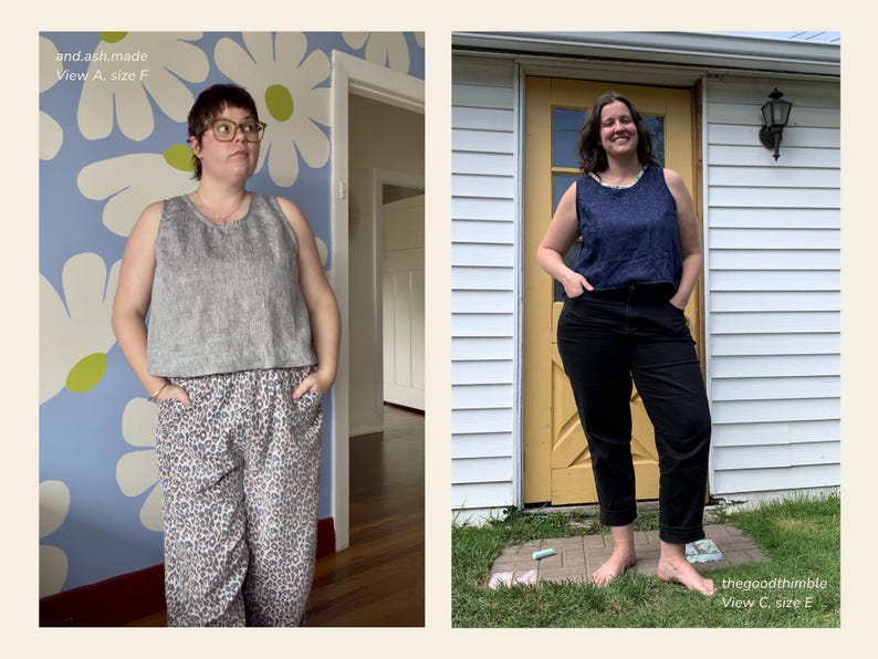May include: Two women modeling different outfits. One wears a gray sleeveless top and leopard print pants. The other wears a navy blue sleeveless top and black pants. The text "and.ash.made View A, size F" and "thegoodthimble View C, size E" are visible.