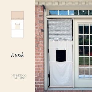 May include: A fabric kiosk play curtain featuring a scalloped valance with a blue and red geometric pattern, a solid white main panel, and a square cutout window. The text Kiosk and ME & KIDDO PATTERNS is printed on the left side of the image.