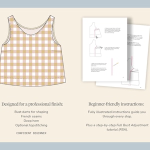 May include: A tan and white checkered tank top pattern with a scoop neckline. The image also shows illustrated instructions and the text "Designed for a professional finish" and "Beginner-friendly instructions".