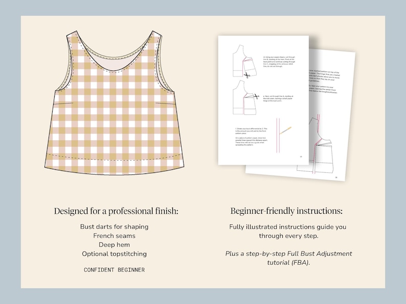 May include: A tan and white checkered tank top pattern with a scoop neckline. The image also shows illustrated instructions and the text "Designed for a professional finish" and "Beginner-friendly instructions".