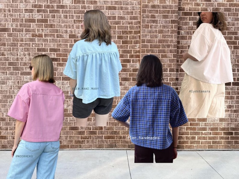 May include: Four different women's tops are shown against a brick wall. The tops are in pink, light blue, blue plaid, and white. The image displays a range of casual shirts, suitable for everyday wear. The tops are in various styles.