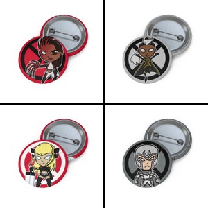 May include: Four 1.25 inch button pins featuring characters from the X-Men. The pins are round and have a silver metal backing. The characters are drawn in a chibi style and are set against a red and black background. The characters are Rogue, Storm, Jean Grey, and Magneto.