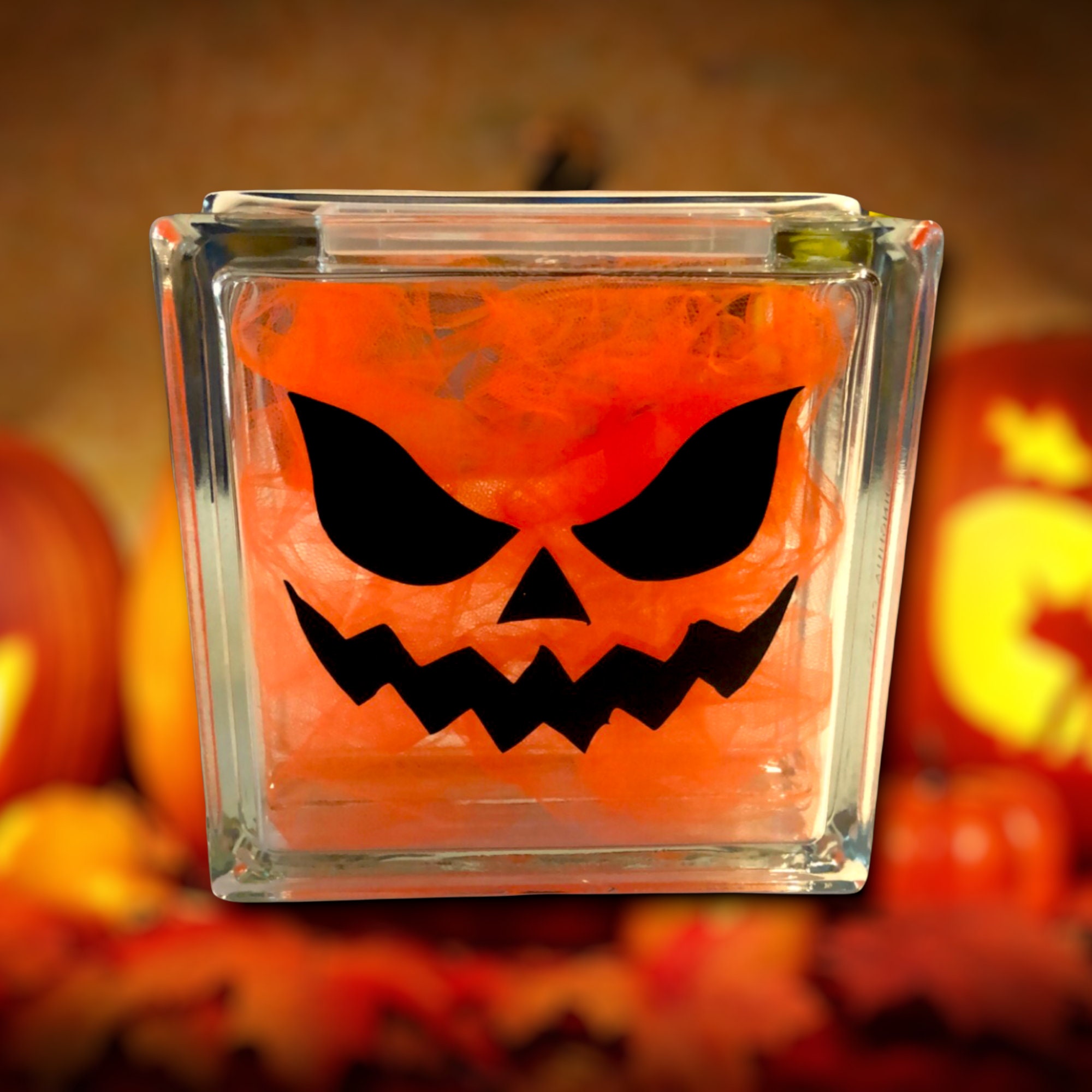 Jack O' Lantern Lighted Glass Block; Pumpkin Night Light; Halloween ...