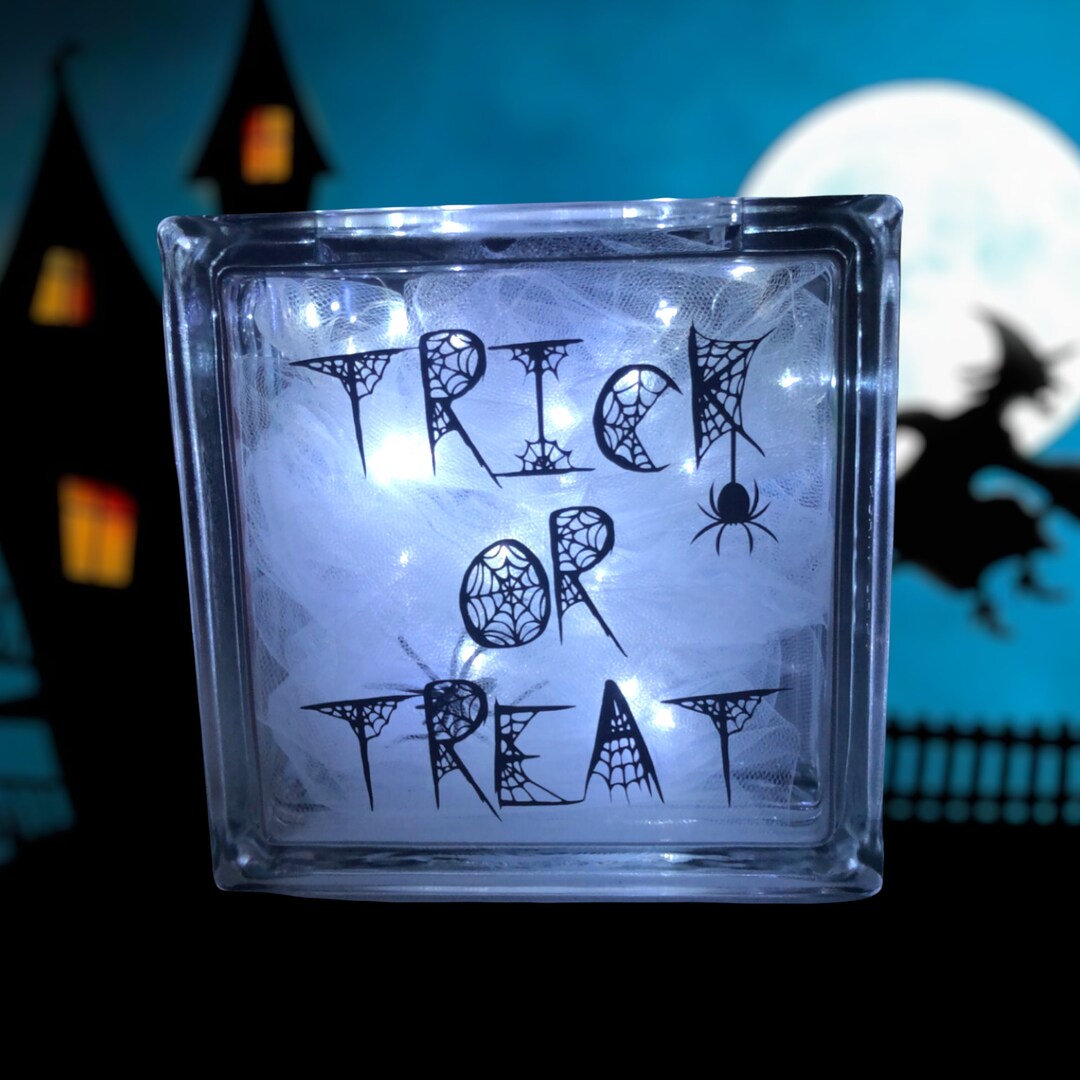 TRICK or TREAT Glass Block Night Light Halloween Decor Trick or Treat
