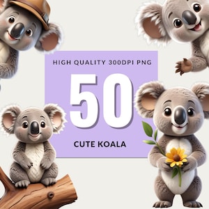 50 Cute Cartoon Koala PNG Files, Koala Svg Png, Koala Bear Designs, Koala Clipart, Cute Baby Koala Clipart, Commercial Print On Demand