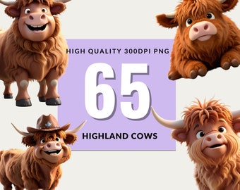 65 Cute Highland Cow PNG, Highland Cow Clipart, Cartoon Cow Clipart, Heifer PNG, Highland Cow Png Designs For Shirt, Commercial png 300 DPI