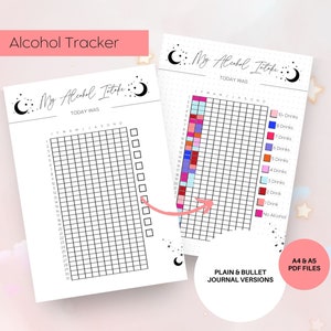 May include: Printable alcohol tracker with a moon and stars design. The tracker has a grid with 31 squares for each month of the year. The tracker also has a color-coded key for tracking the number of drinks consumed each day.
