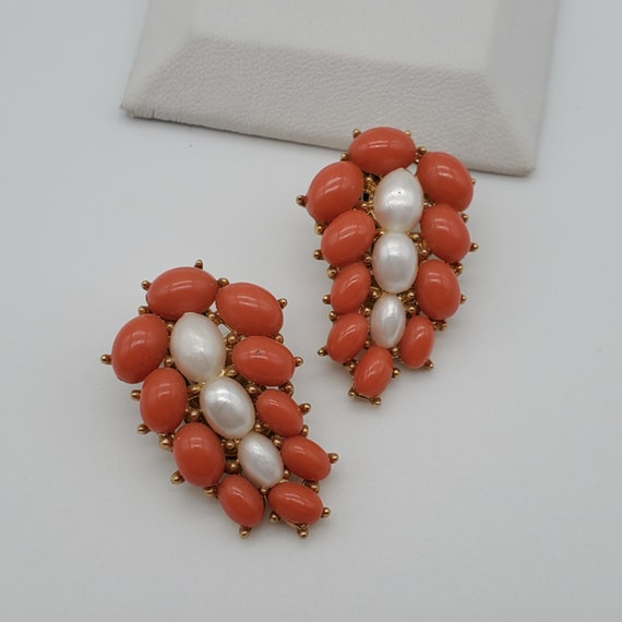 Vintage Trifari Signed Faux Pearl Coral Earrings - image 1