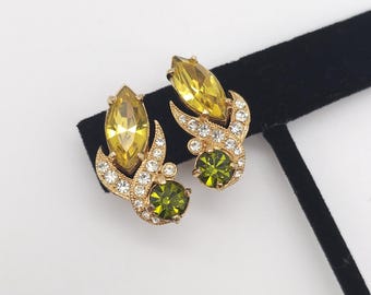 Vintage Eisenberg Signed Clip-On Earrings Mid Century Yellow and Green Rhinestone