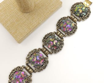 Vintage Art Glass Faux Abalone Judy Lee Signed Link Bracelet