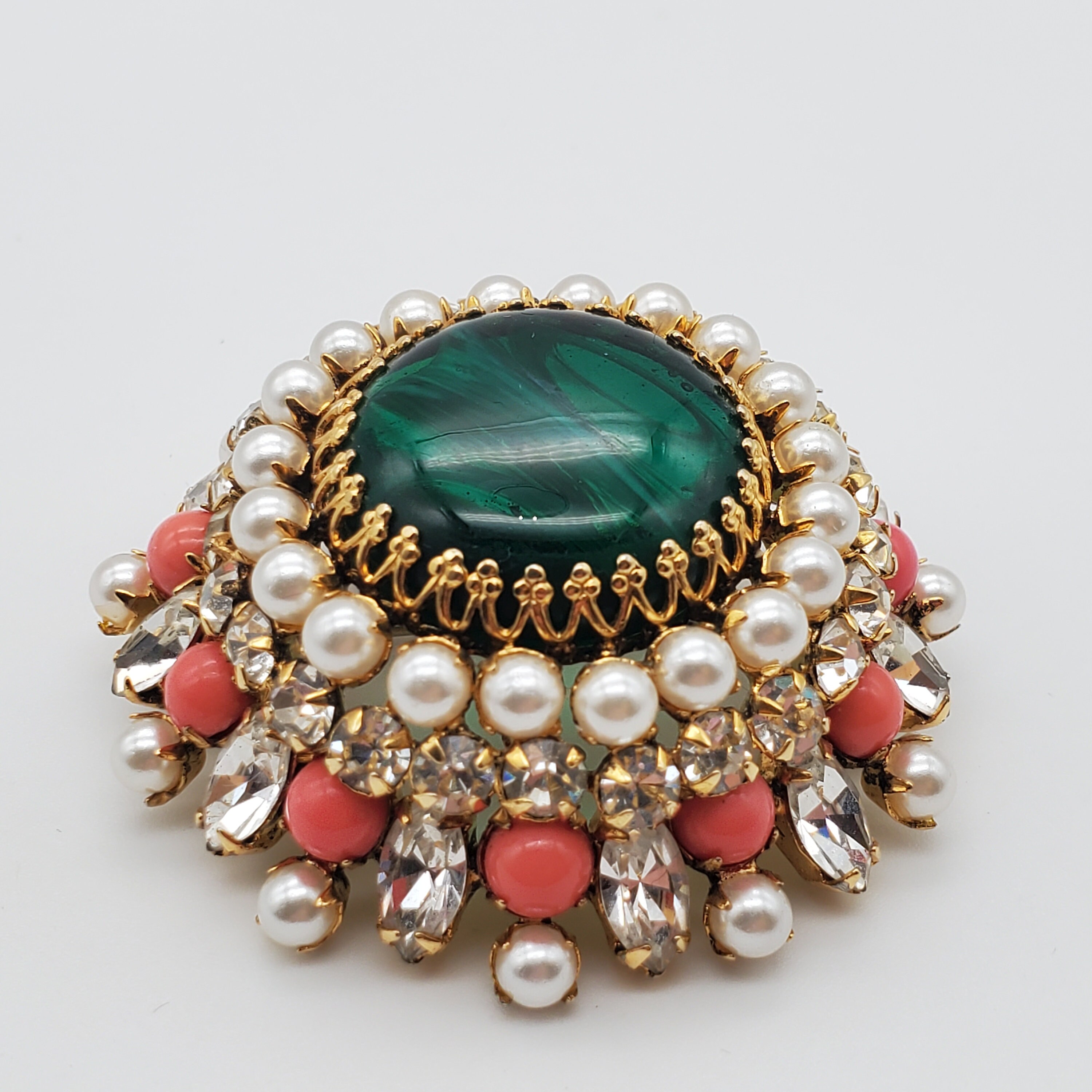 Vintage Signed Schreiner Coral Pearl Brooch