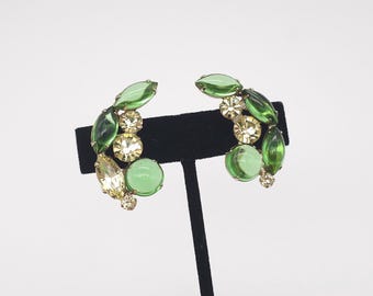 Vintage Weiss Signed 1950s Green Cabochon Clip on Earrings Crescent Mid Century Costume Jewelry