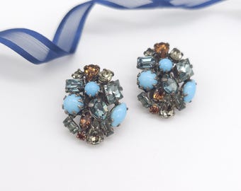 Vintage Schreiner Clip-On Faux Turquoise Rhinestone Earrings Unsigned