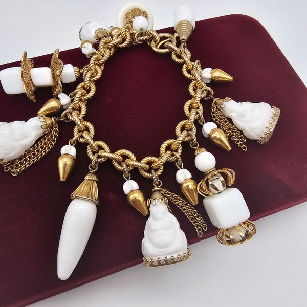 1960s Napier Signed Buddha Milk Glass Charm Bracelet