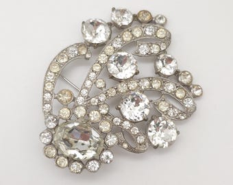 Vintage Staret Signed Rhodium Plated Clear Rhinestone Brooch