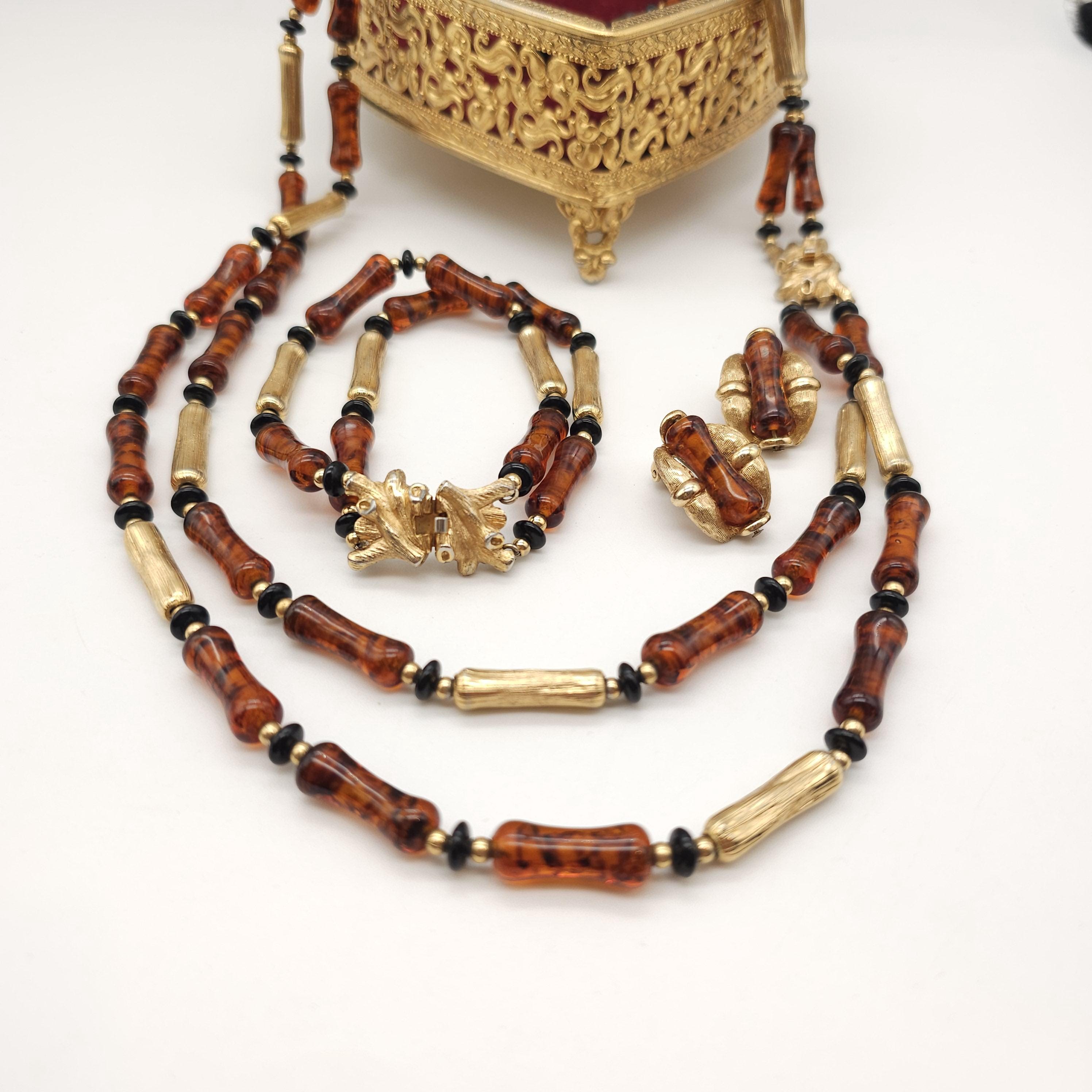 Vintage 1950s Napier Signed Bamboo Beaded Glass Necklace Earrings Bracelet HTF