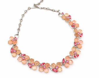 Vintage Lisner Molded Glass Pink Rhinestone Necklace