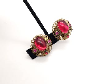 Vintage West Germany 1950s Ruby Glass Cabochon Filigree Signed Clip On Earrings