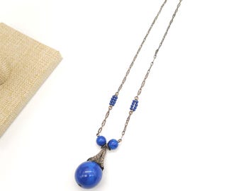Antique Art Deco Faux Lapis Glass Bead Necklace