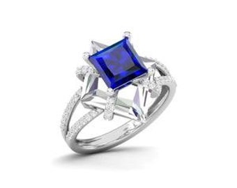 Maurya Color in Water Blue Sapphire Split Shank Engagement Ring with Diamonds