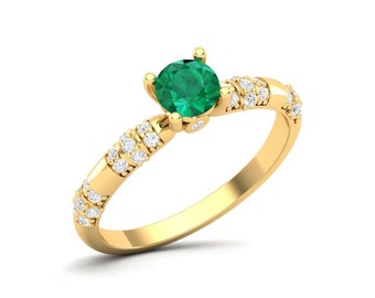 Maurya Traditional V-Prong-Set Emerald Engagement Ring with Accent Diamonds