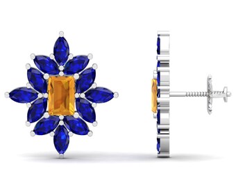 Natural Citrine and Blue Sapphires Petals Push Back Earrings Maurya