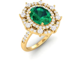 Maurya Oval Emerald Strain Tribe Engagement Ring with Diamond Halo