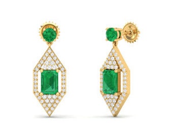 Natural Emerald Dangle Earrings with Genuine Diamonds  Maurya Hermosa