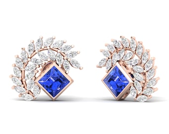 Natural Tanzanite Push Back Earrings with 100% Genuine Certified Diamonds Maurya Sterling