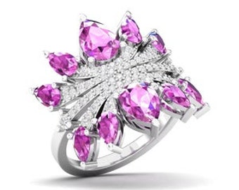 Maurya Graduated Pink Amethyst Lotus Cocktail Ring with Accent Diamonds