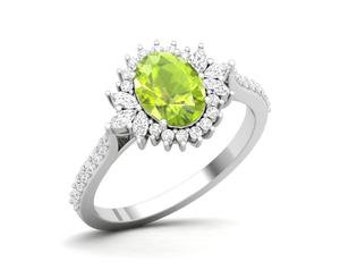 Maurya Solitaire Green Melon Peridot Engagement Ring with Accent Marquise Diamonds