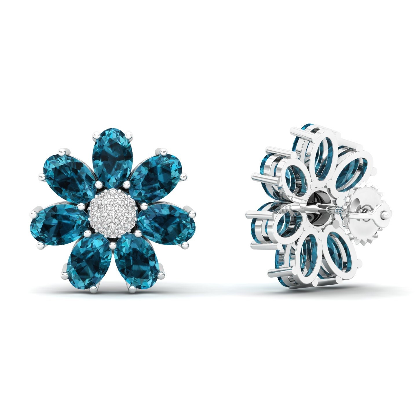 Natural London Blue Topaz and 100% Certified Diamond Push Back Earrings Maurya Fleur