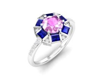 Maurya Spiritual Center Pink Amethyst Halo Engagement Ring with Diamond and Sapphire