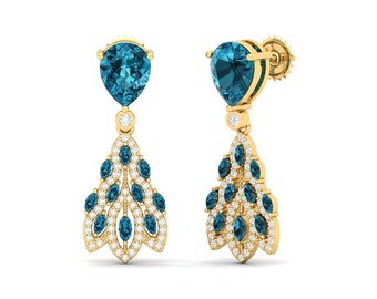 Natural London Blue Topaz  Push Back Earrings with Genuine Diamonds Maurya Peacock Fur