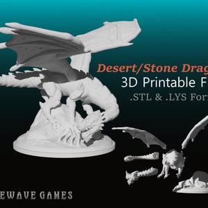 Desert/Stone Dragon 3D Printable Files - Downloadable STL Files to Print Desert/Stone Dragon Dungeons & Dragons Pathfinder Dragon Miniature