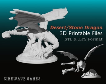 Desert/Stone Dragon 3D Printable Files - Downloadable STL Files to Print Desert/Stone Dragon Dungeons & Dragons Pathfinder Dragon Miniature