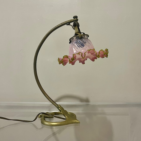 Lampe de table bronze art nouveau tulipe verre rose 1900 français ancien